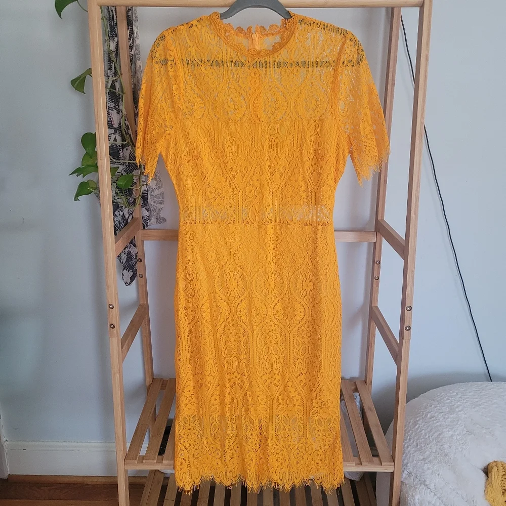 Lulus Remarkable Bright Goldenrod Lace Dress - Size M - Picture 4 of 5